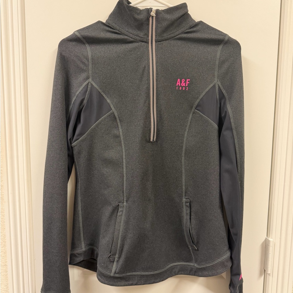 Abercrombie & Fitch Gray Half-Zip Varsity Jacket with Pink Logo